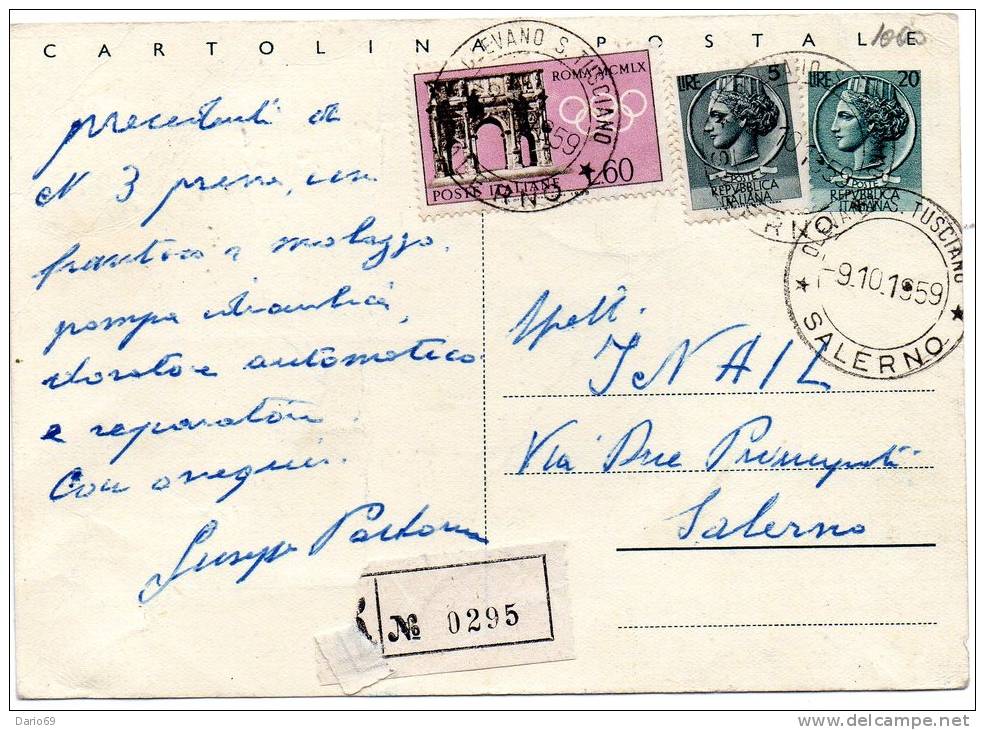 1959 CARTOLINA  RACCOMANDATA  CON ANNULLO OLEVANO SUL TUSCIANO SALERNO - Interi Postali