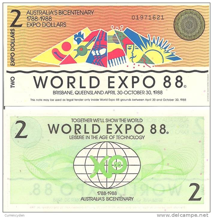 Test Note - ABNC-111 2 Australian Expo Dollars, 1988 - Specimen