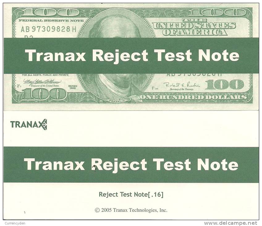 Test Note - TRAN-102, $100, Tranex Reject Test Note, 2005 - Autres & Non Classés