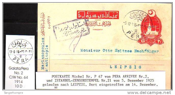 TURKEY , EARLY OTTOMAN SPECIALIZED FOR SPECIALIST, SEE... Postmark - 1914 - Galata/Pera - C/W No. 64 - Storia Postale