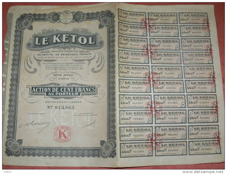 ACTION DE 100 FRANCS AU PORTEUR "  LE KETOL " A PARIS 1926 ENTIERE  AVEC 30 COUPONS - Industrie