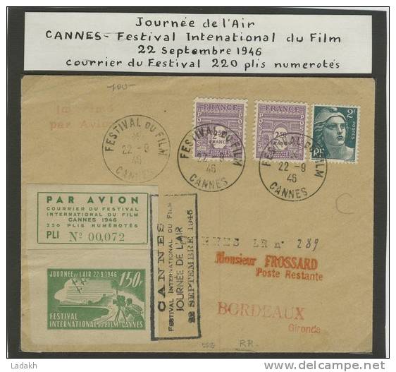 ENVELOPPE # CANNES # FESTIVAL INTERNATIONAL DU FILM # 1946 # JOURNEE DE L'AIR # VIGNETTE SPECIALE - Sonstige & Ohne Zuordnung