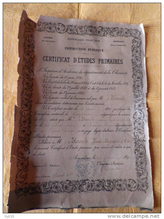 Certificat D'études Primaires 1892 Académie De Poitier Dep De La Charente - Diploma & School Reports