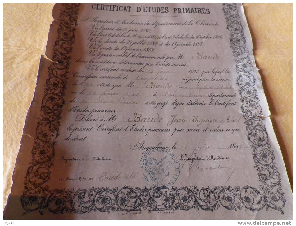 Certificat D'études Primaires 1892 Académie De Poitier Dep De La Charente - Diploma & School Reports