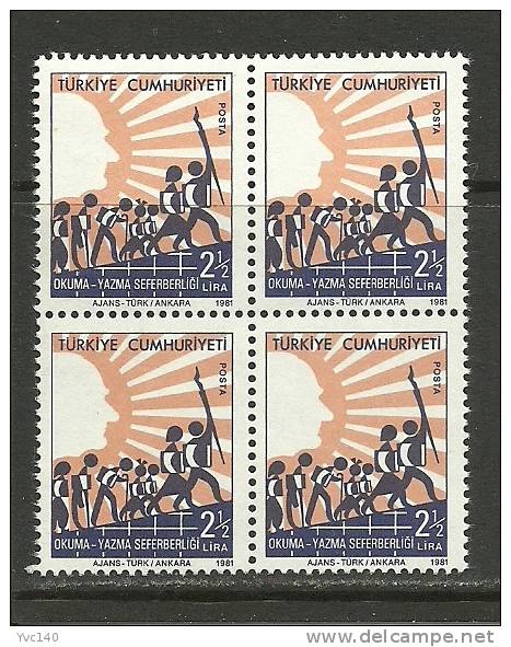 Turkey; 1981 Regular Issue Stamp With The Subject Of The Literacy Campaign (Block Of 4) - Nuevos