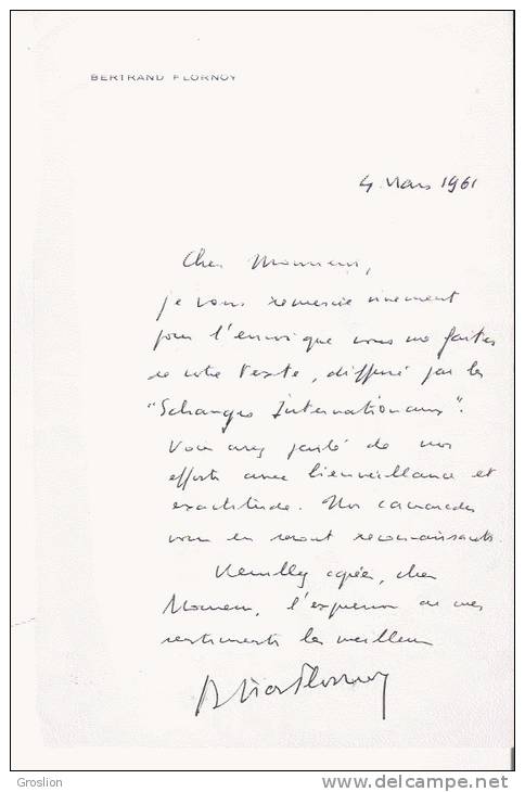 BERTRAND FLORNOY (1910 PARIS 1980) EXPLORATEUR ET HOMME POLITIQUE FRANCAIS LETTRE A SIGNATURE 1961 - Autres & Non Classés