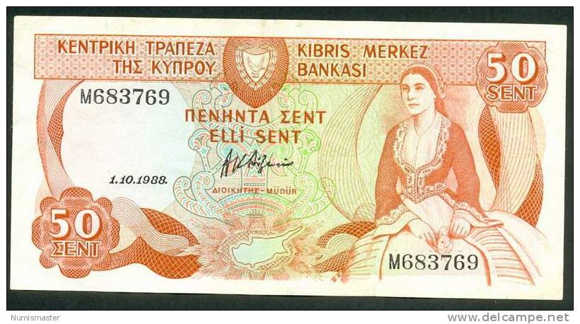 CYPRUS , 50 CENTS 1.10.1988. P-52 , XF - Chipre
