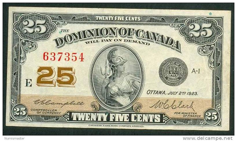 CANADA , 25 CENTS 2.7.1923 , CAMPBELL - CLARK , AUNC - Kanada