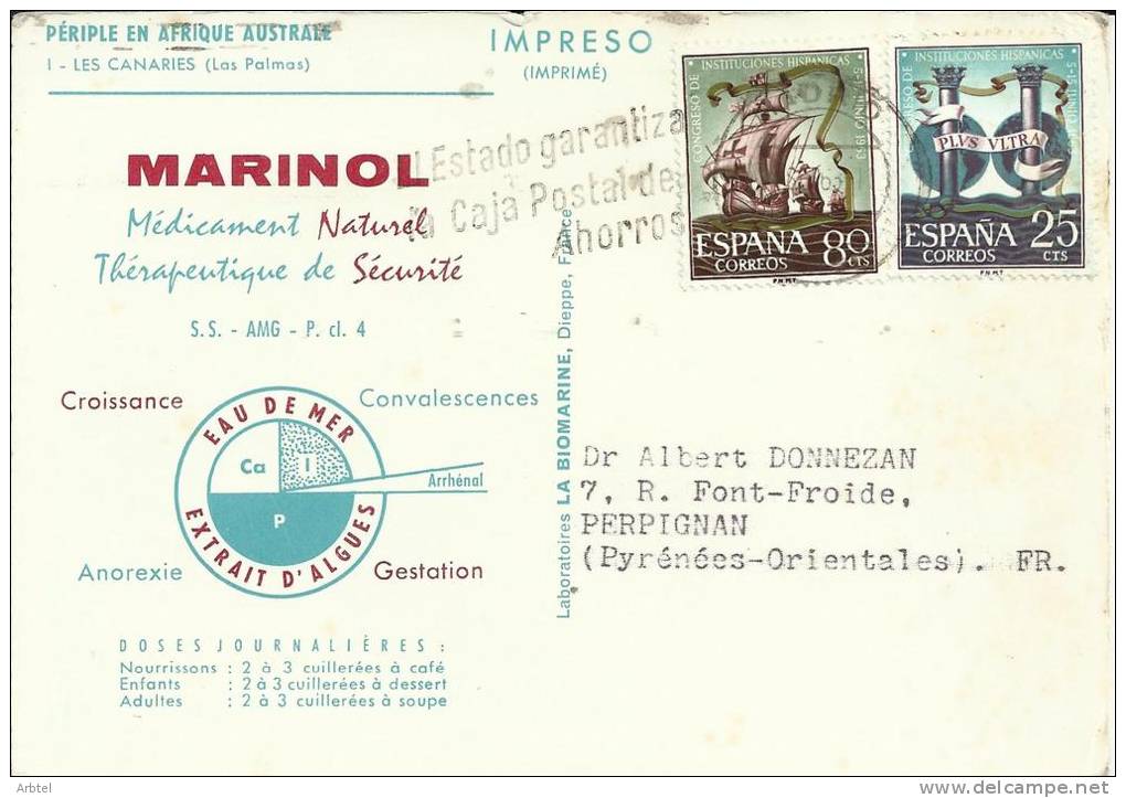 MADRID POSTAL MEDICINA A PERPIGNAN SELLO CARABELA COLON COLUMNAS DE HERCULES - Cristóbal Colón