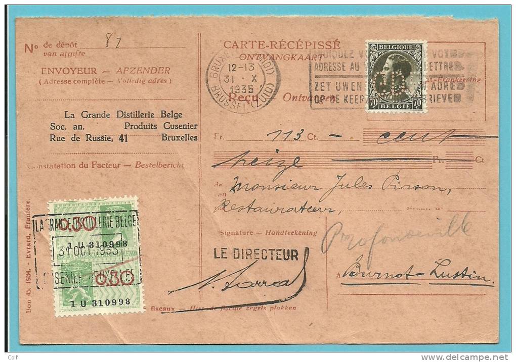 401 Op Ontvangkaart Met Stempel BRUXELLES Met Perforatie (perfin) "G.D.B." Van Grand Distillerie Belge - 1909-34