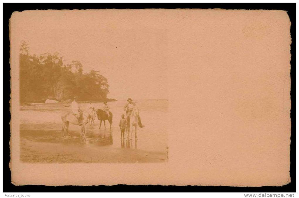 SÃO TOMÉ E PRINCIPE - Postal Fotográfico - Cavalos Na Praia. Old REAL PHOTO Postcard Africa 1900s - Sao Tome Et Principe