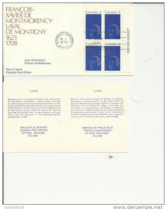 CANADA 1973 – FDC 350 YEARS BIRTH FRANCOIS XAVIER DE MONTMORENCY-LAVAL DE MONTIGNY W 1 UPPER RIGHT BLOCK OF 4  STS OF 8 - 1971-1980