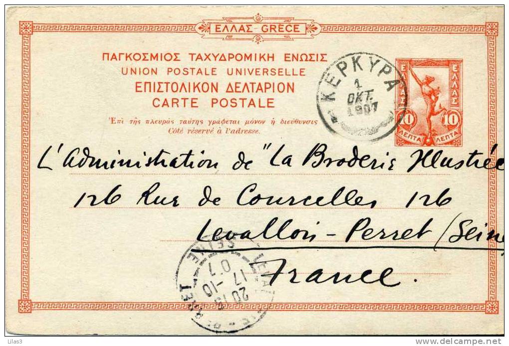 Grèce Entier Postal Carte Type Mercure 10 Lepta Orange Corfou Pour La FranceLevalloios Perret En 1907. Superbe - Postal Stationery