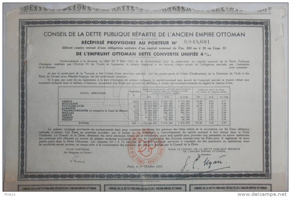 RECEPISSE PROVISOIRE AU PORTEUR / DETTE PUBLIQUE ANCIEN EMPIRE OTTOMAN / 1933 - M - O