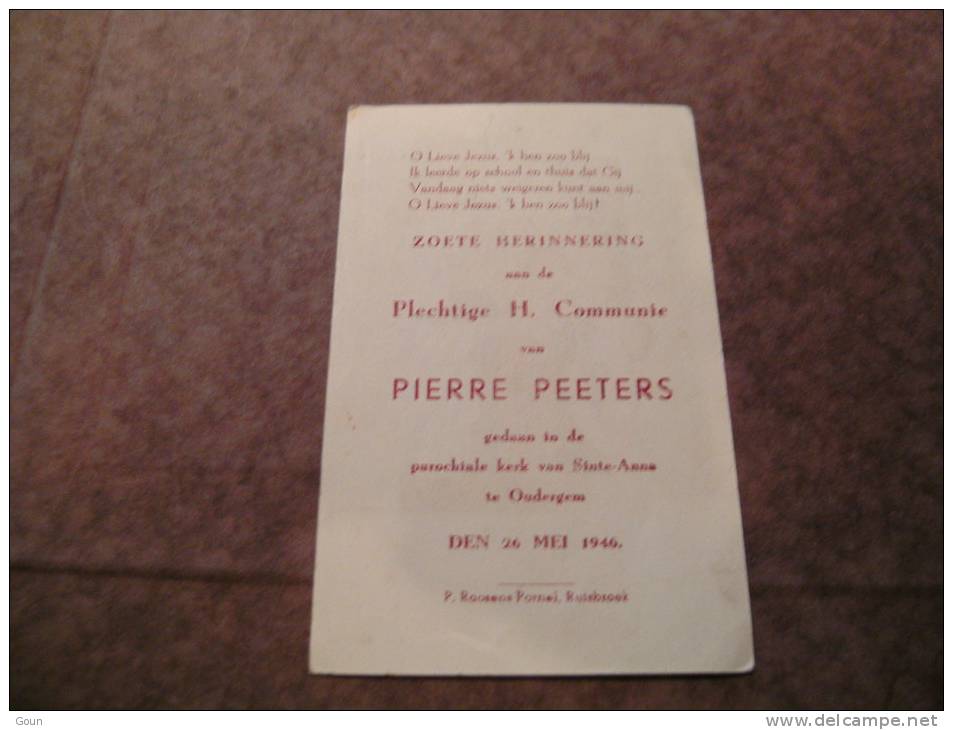 BC4-2-101 CDP Souvenir Communion  Pierre Peeters Oudergem 1946 - Kommunion Und Konfirmazion