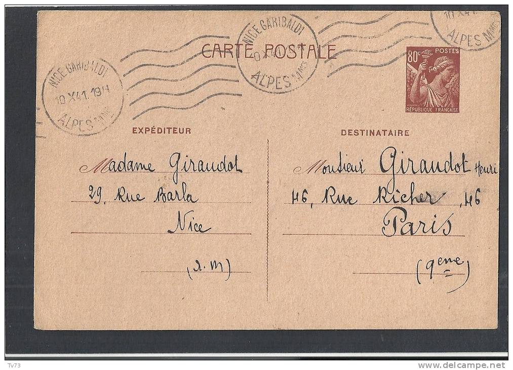 &#9658; EB004 - Obliteration Mécanique NICE 10.10.1941 Sur Carte Postale - Entier Postal IRIS N°431 (Marcophilie) - Guerre De 1939-45