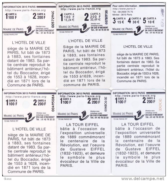 6 Paris Cartes, Vues De Paris, Views Hotel De Ville Et Tour Eiffel Tower - Scontrini Di Parcheggio