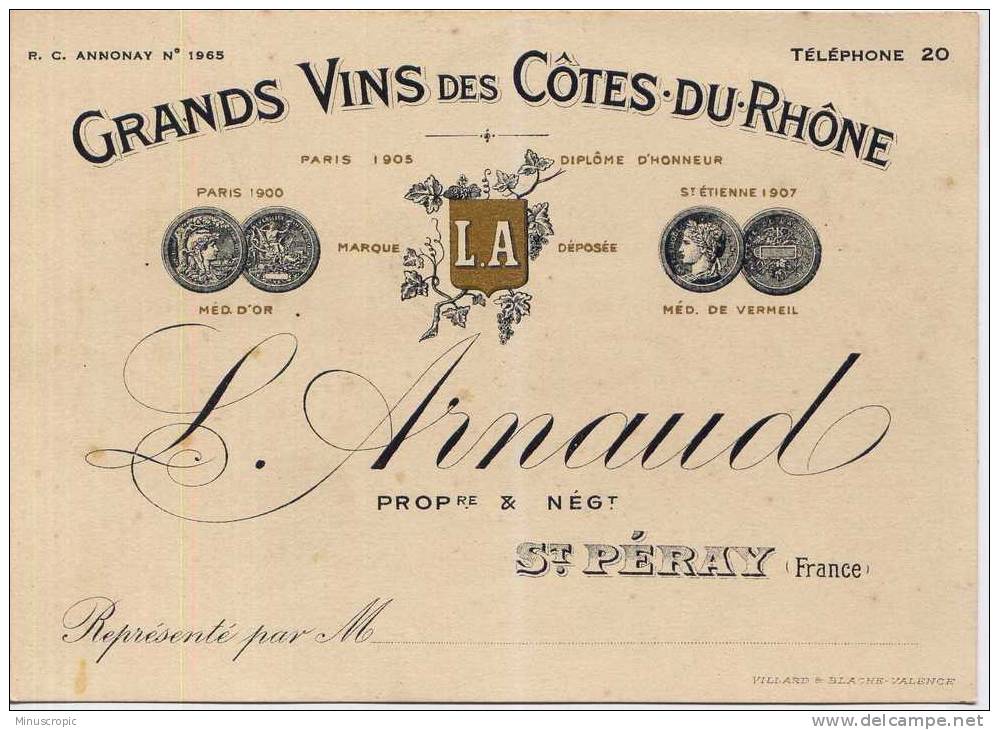 Carte Grands Vins Des Cotes Du Rhone - L. Arnaud - Saint Péray - Visiting Cards