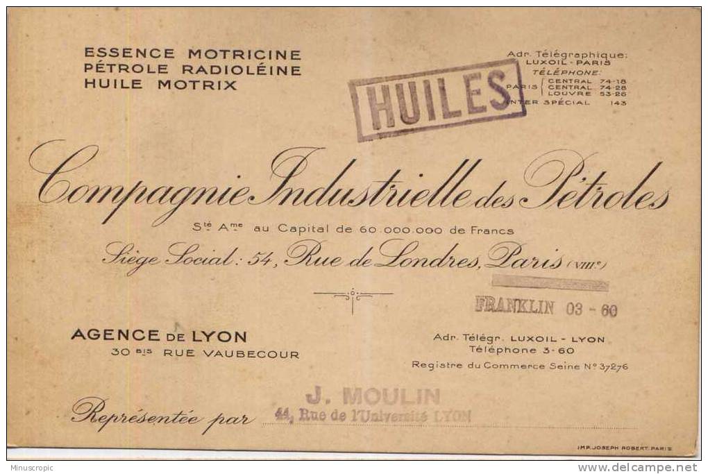 Carte Compagnie Industrielle Des Pétroles  - Lyon - Visiting Cards