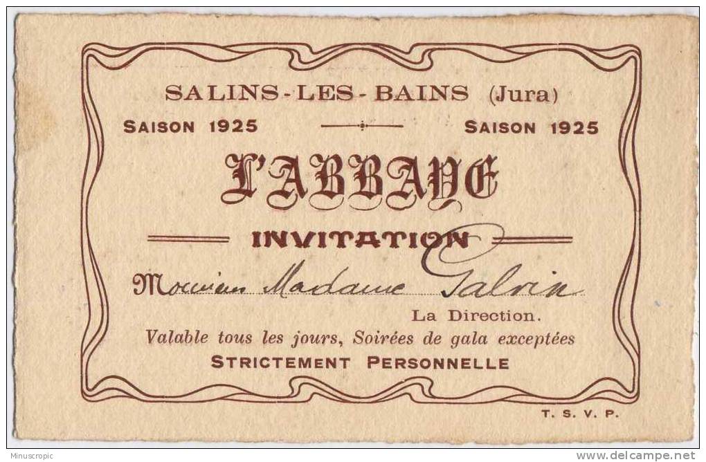 L'Abbaye De Salins Les Bains - Invitation - Saison 1925 - Tickets - Vouchers