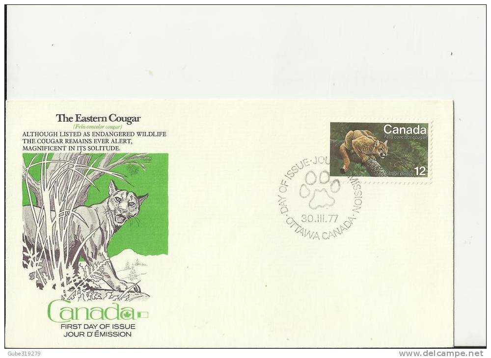 CANADA 1977–FDC ENDANGERED WILDLIFE – EASTER COUGAR (FELIS CONCOLOR COUGAR)   W 1 ST  OF 12 C POSTM. OTTAWA MAR 30 RE204 - 1971-1980