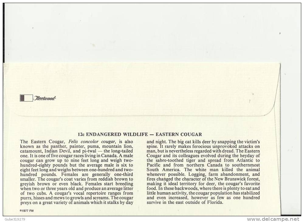 CANADA 1977–FDC ENDANGERED WILDLIFE – EASTER COUGAR (FELIS CONCOLOR COUGAR)   W 1 ST  OF 12 C POSTM. OTTAWA MAR 30 RE204 - 1971-1980