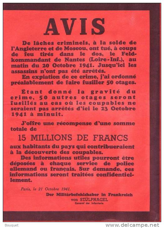 LOIRE ATLANTIQUE - NANTES - OCCUPATION - AVIS - BEKANNTMACHUNG - ASSASSINAT DU FELDKOMMANDANT HOTZ - GUY MOQUET - 1941 - 1939-45