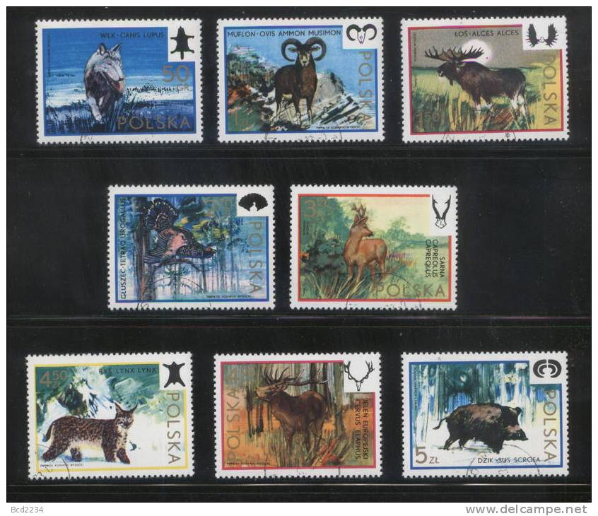 POLAND 1973 GAME ANIMALS SET OF 8 USED Wolf Moose Mountain Goat Lynx Deer Wild Pig Boar Stag Pheasant Bird Trees - Gibier