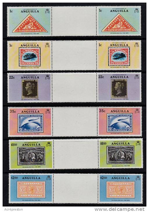 D0042 ANGUILLA 1979, SG 358-63 Death Centy Rowland Hill  MNH, Gutter Pairs - Anguilla (1968-...)