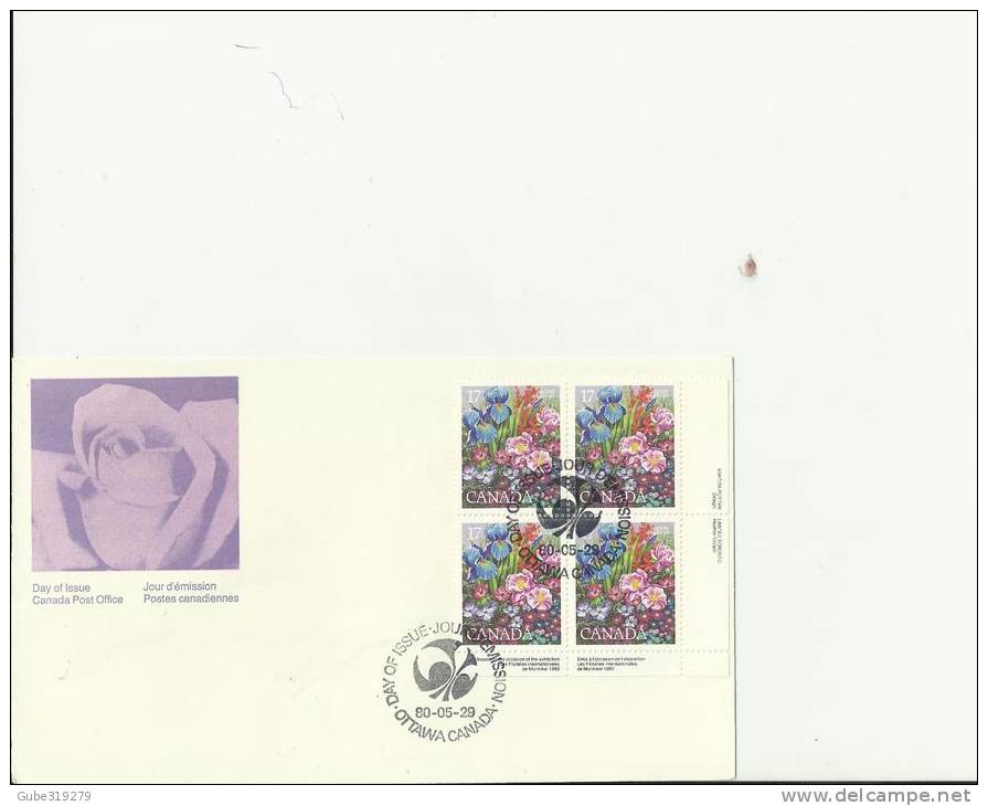 CANADA 1980 – FDC INTERNATIONAL FLOWER EXHIBITION MONTREAL NAY 17-SEPT 1  W 1 RIGHT LOWER CORNER BLOCK OF 4 STS OF 17  C - 1971-1980
