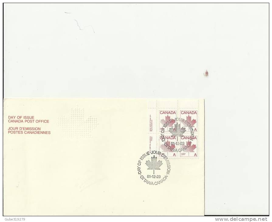 CANADA 1981 – FDC CLASS A DEFINITIVE NEW STAMP   W 1 BLOCK  UPPER LEFT OF "A" ST     POSTM. OTTAWA DEC 29    RE2088 - 1981-1990