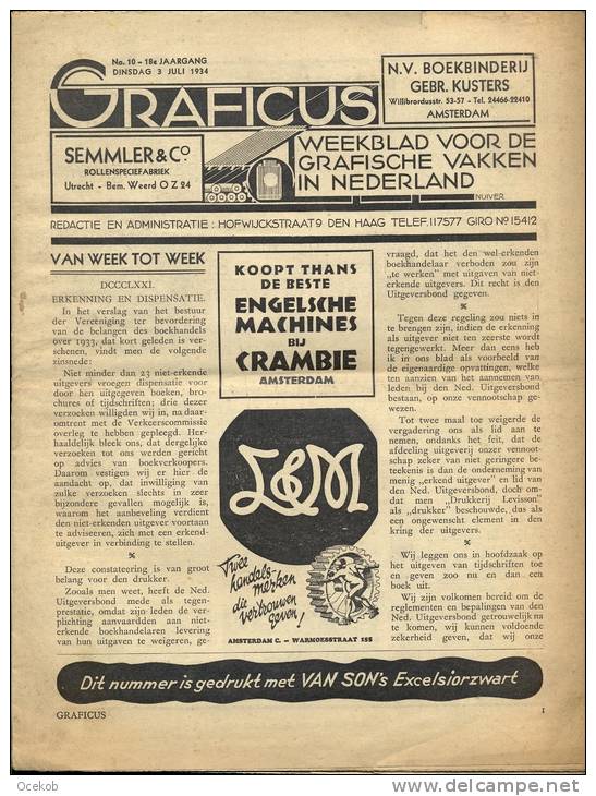 Revue Tijdschrift Graficus - Den Haag 1934 Met Publiciteit Drukkerij Uitrustingen - Other & Unclassified