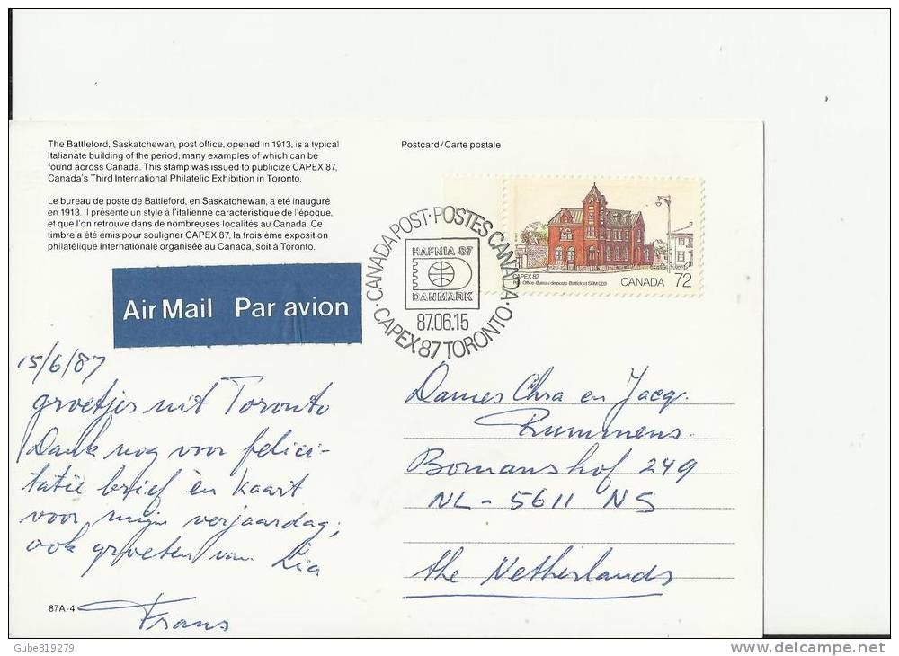 CANADA 1987 – FD SPECIAL POSTCARD CAPEX 87 TORONTO - BATTLEFORD - SASK 1913 POST OFFICE ADDR TO NETHERLANDS  -  W 2 STS - 1981-1990