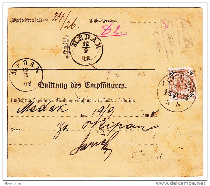 AUSTRIA - Empire - Wien - Medak (Village In Croatia - Gospic, Gospi&#263;). Paket - Paketkarte, Package Card, Year 1898 - Briefe U. Dokumente