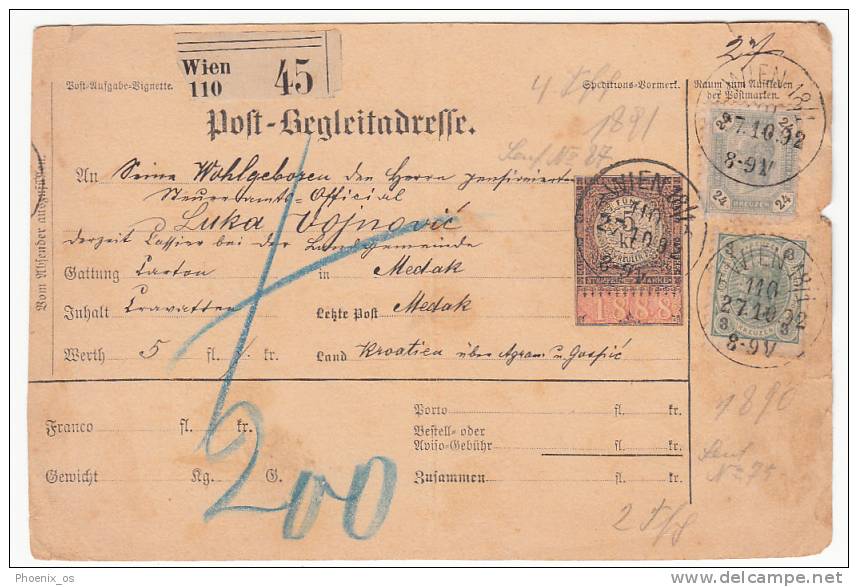 AUSTRIA - Empire - Wien - Medak (Village In Croatia - Gospic, Gospi&#263;). Paket - Paketkarte, Package Card, Year 1892 - Covers & Documents