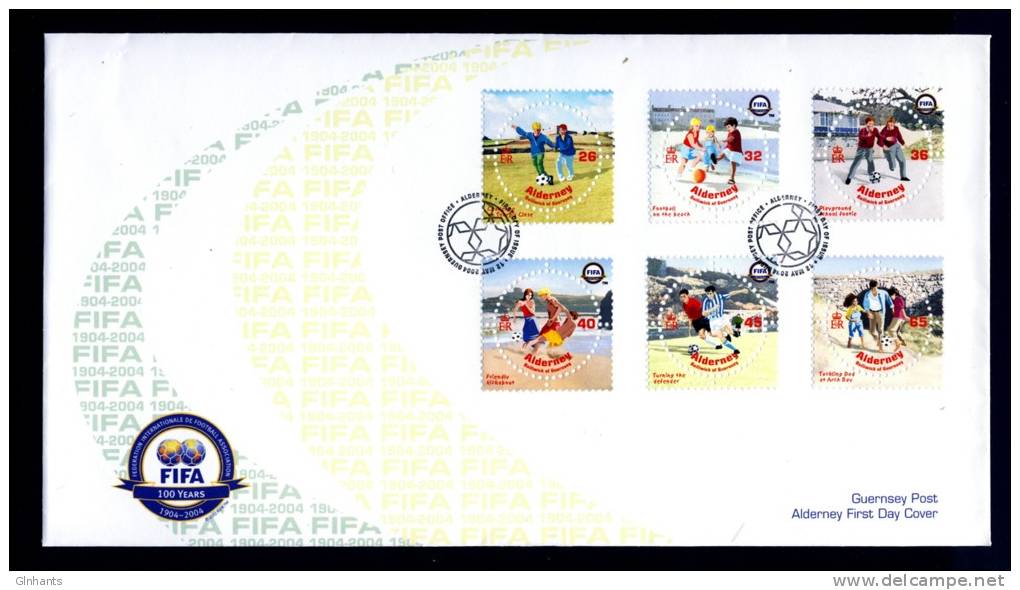 ALDERNEY - 2004 FIFA 100 YEAR ANNIVERSARY SET (6V) ON FIRST DAY COVER FDC PREMIER JOUR SUPERB - Briefe U. Dokumente