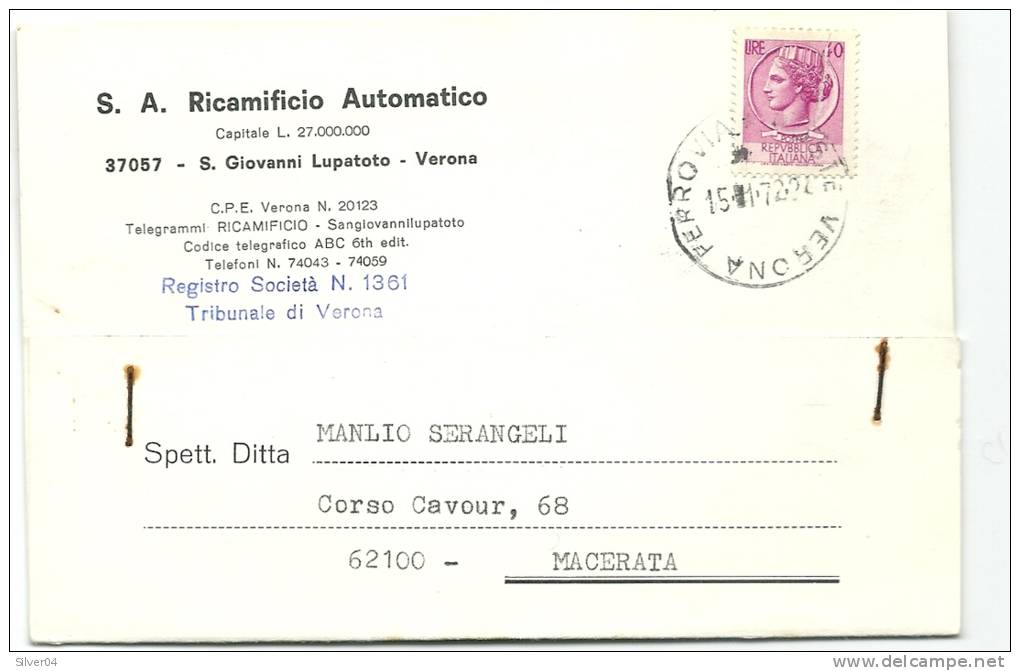 PUBBLICITARIA COMMERCIALE S.GIOVANNI LUPATOTO VERONA  1972  CARTOLINA POSTALE RICAMIFICIO - 1971-80: Marcophilia