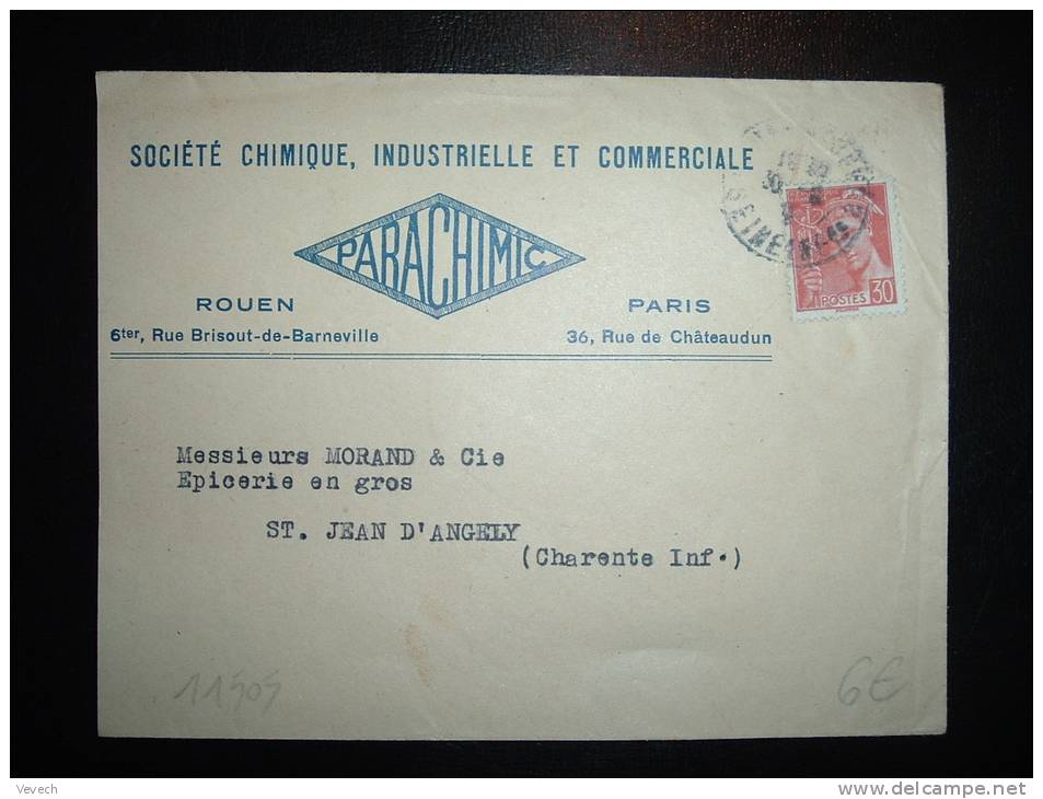 LETTRE TP MERCURE 30C OBL. 30-8-? ROUEN ST SEVER (76 SEINE-MARITIME) + PARACHIMIC - 1938-42 Mercure