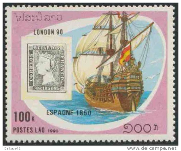 Laos 1990 Mi 1205 ** Spanish Galleon + Stamp Spain Minr. 1 (1850) – Stamp World London ’90 / Segelschiff - Postzegels Op Postzegels