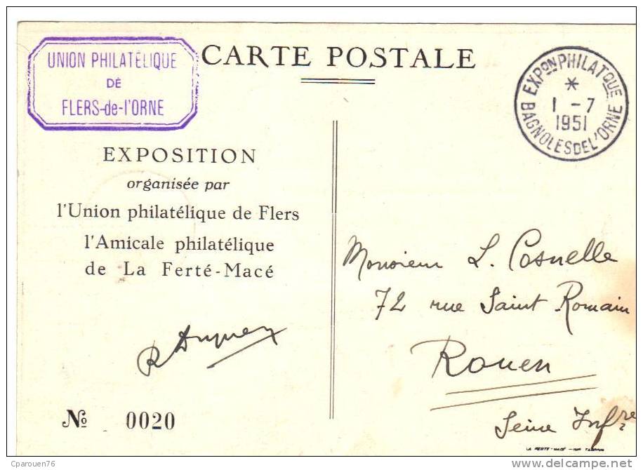 FRANCE 1951 Exposition Philatelique Bagnoles De L´orne Union Phil Amicale Phil De Ferté Macé  De Flers Ex N°0020 - Autres & Non Classés