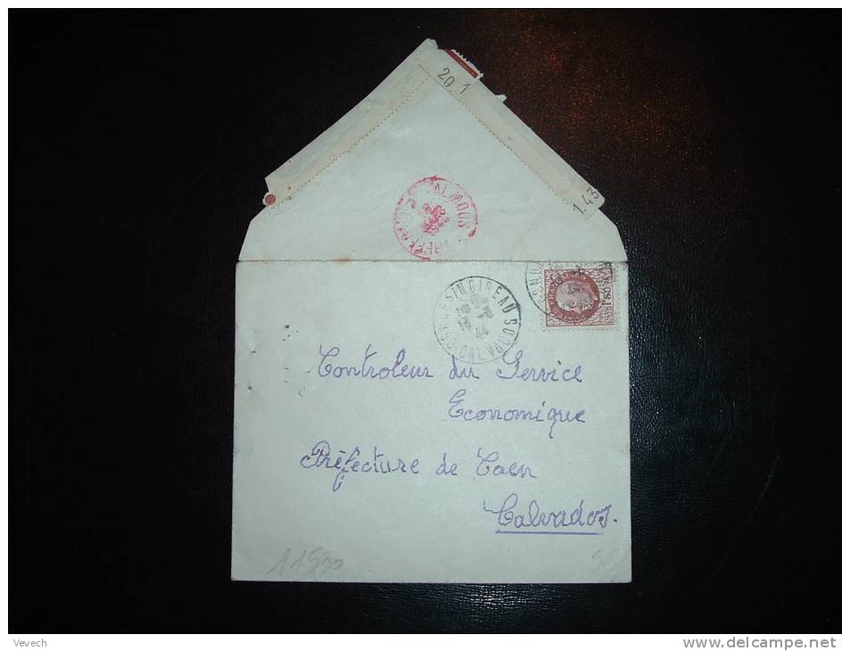 LETTRE TP PETAIN 1,50F OBL. 13-3-44 CONDE S/NOIREAU (14 CALVADOS) + CACHET ROUGE PREFECTURE CALVADOS 15 MARS 1944 - 1941-42 Pétain