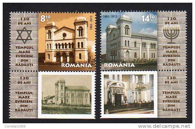 Romania 2013 / Great Jewish Temple In Radauti / Set 2 Stamps With Tabs - Judaisme