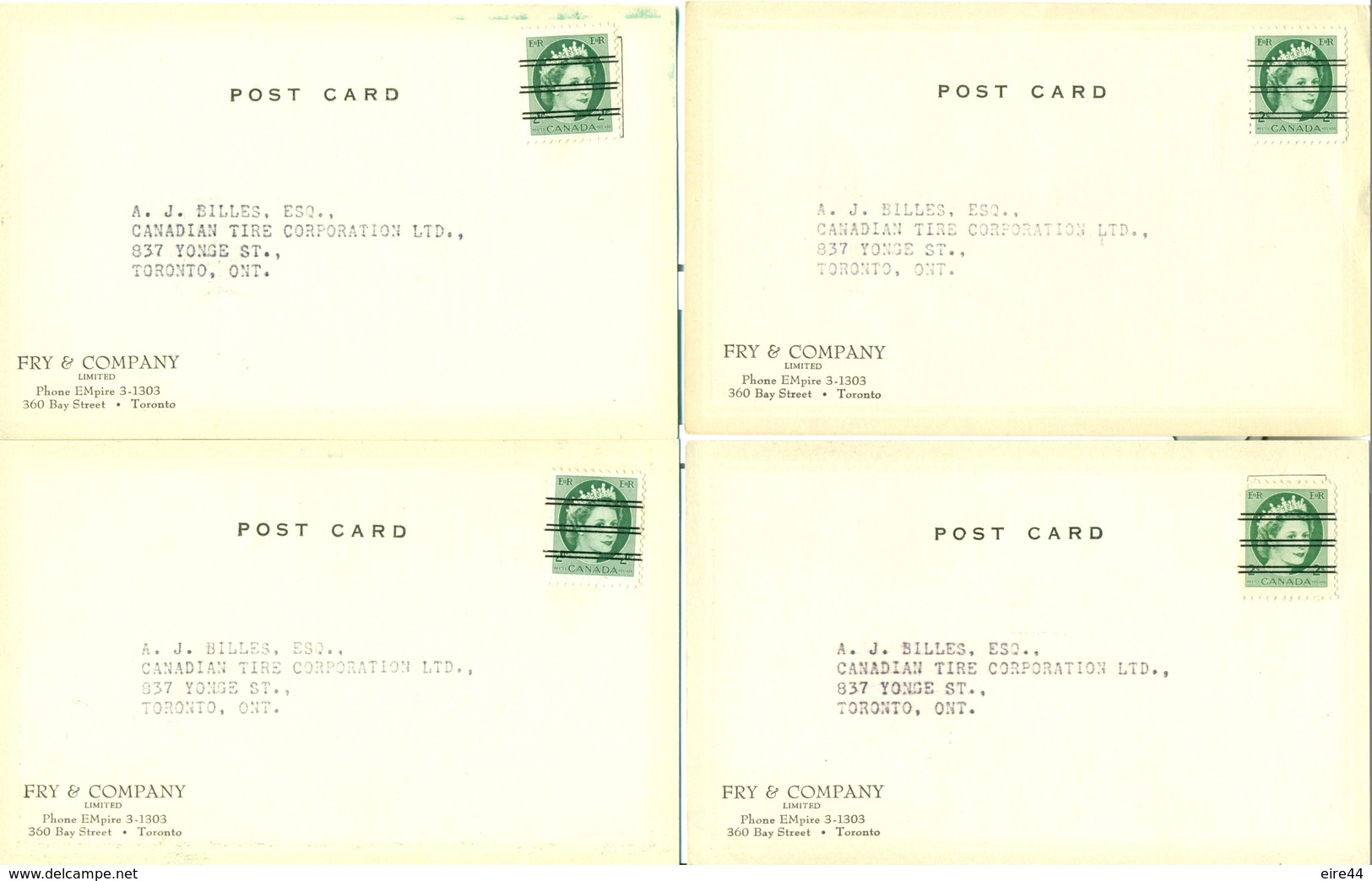 Canada 1957 - 1959 4 Postcards Economy Precancel FRY Company Toronto Prepaid Germany - Voorafgestempeld