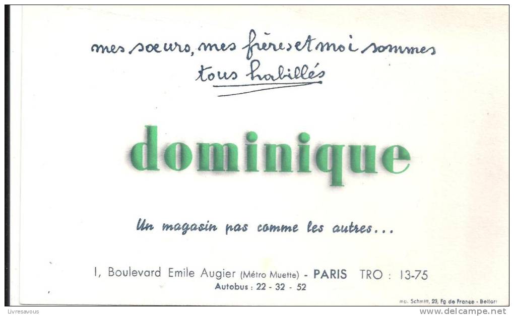 Buvard Mes Sœurs, Mes Frères Et Moi Sommes Tous Habillés Chez DOMINIQUE 1, Bld Emile Augier Paris - Textilos & Vestidos