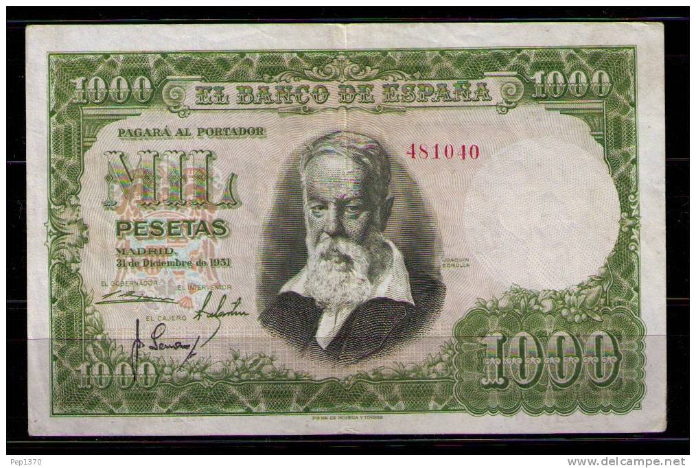 BILLETE DE 1000 PESETAS DE 1951 - JOAQUIN SOROLLA - MUY BONITO - SIN SERIE - 1000 Peseten