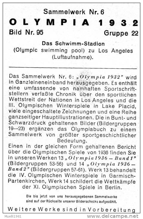 Olympia 1932, Sammelwerk Nr. 6, 12 X 17 Cm, Schwimmstadion In Los Angeles - Swimming