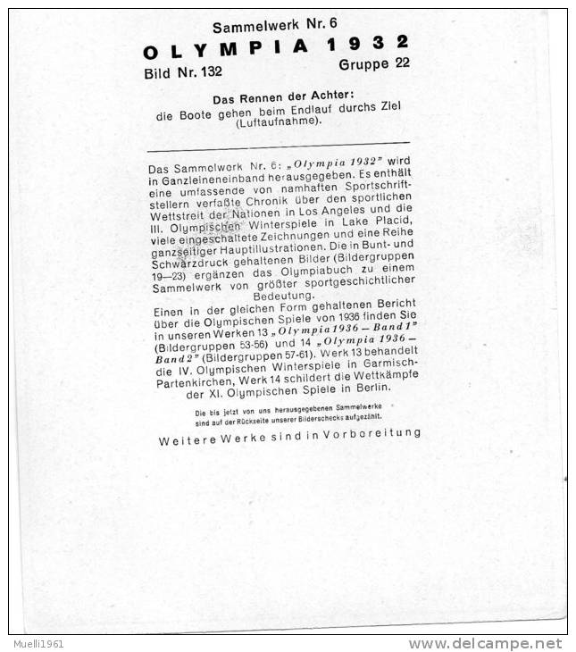 Olympia 1932, Sammelwerk Nr. 6, 12 X 17 Cm, Das Rennen Der Achter, Luftaufnahme - Roeisport