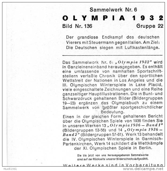 Olympia 1932, Sammelwerk Nr. 6, 12 X 17 Cm, Vierer Mit Steuermann, Deutschland Siegt - Rudersport