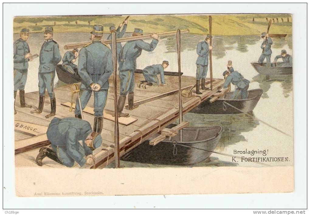 CPA - Suède : Broslagning ! K. Fortifikationen ( Soldats Construisant Un Pont  ) : Illustration Signé G. Bagge - Manoeuvres