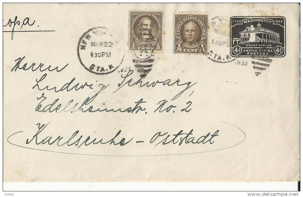 USA FRONTAL ENTERO POSTAL MOUNT VERNON WASHINGTON 1932 - George Washington